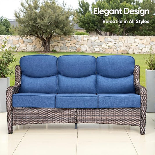 Swivel Patio Chairs sofa Set of 4 with 6" Thick Cushion - Wicker Outdoor Swivel Rocker Patio Chair ,Sofa/Glass coffee table, High Back Comfortable Outdoor Glider Chairs - Brown Wicker | Blue Cushions