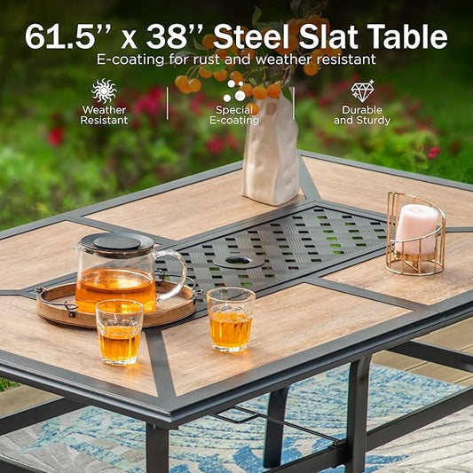 PHI VILLA 7 Pieces Outdoor Dining Set with Umbrella for 6, Rectangular Wood-Top Metal Table & Wicker Chairs with Cushions & 13ft Beige Umbrella, Modern Dining Furniture Set for Patio,Deck,Backyard