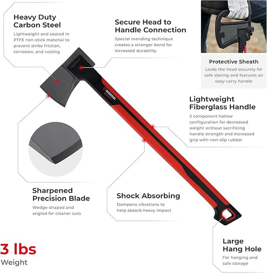INTERTOOL 24” Mid-Size Scout Axe, Long Camp Hatchet, Splitting, Chopping, Felling, Kindling, Survival, Shock Absorbing MAX Grip Handle, Sheath, Storm HT08-0293