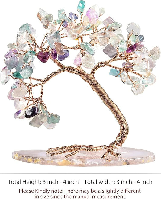TUMBEELLUWA Reiki Crystal Money Tree with Agate Slice Base Feng Shui Stone Bonsai Tree Figure Decor for Happiness Good Luck and Wealth, Fluorite