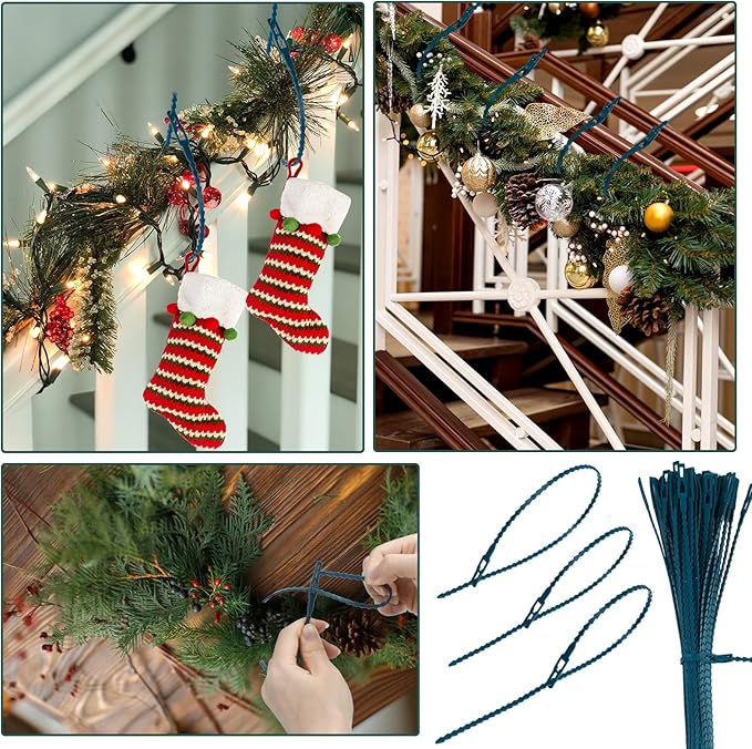 100pcs Christmas Garland Ties Green Flexible Self Locking Nylon Strap 15.7Inch Adjustable Reusable Garland Hanger Decorating Holiday Banister Twist Ties for Christmas Light Wreath Making Door Stairway