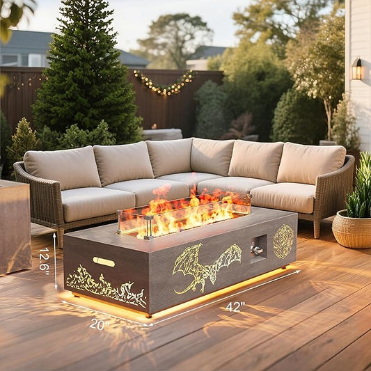 42" Outdoor Fire Pit Table, 50,000 BTU Gas Fire Pit with Glass Wind Guard, Fire Stones, Waterproof Cover, Propane Fire Pit Table for Outside Patio, Hollow-Out (Dragon, Brown)