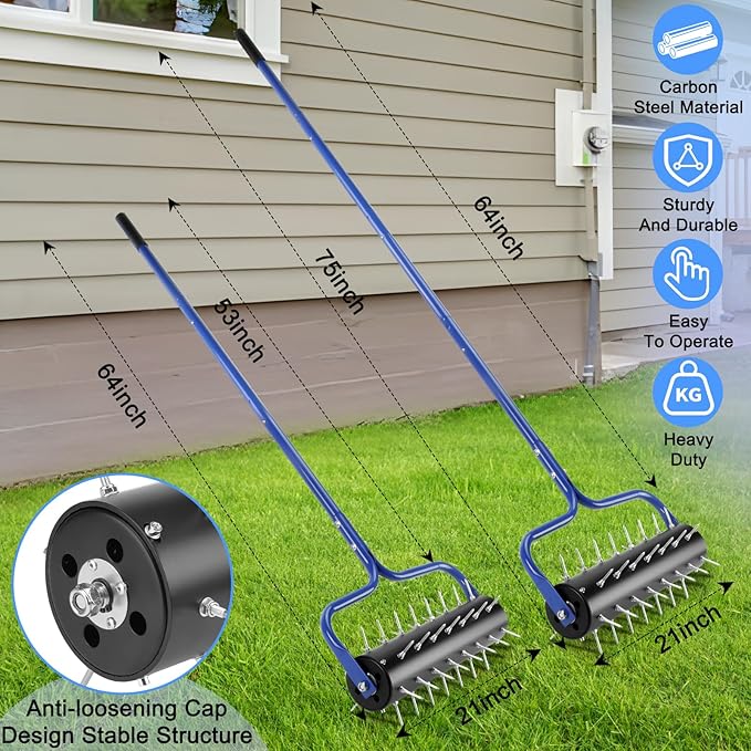 Rolling Lawn Aerator, 21" Pre-Assembled Aerator Lawn Tool, Heavy-Duty Grass Aerator with 45 Spikes, 75" Adjustable Handle Lawn Spike Aerator Roller – Yard Aerator for Lawn Care, Blue