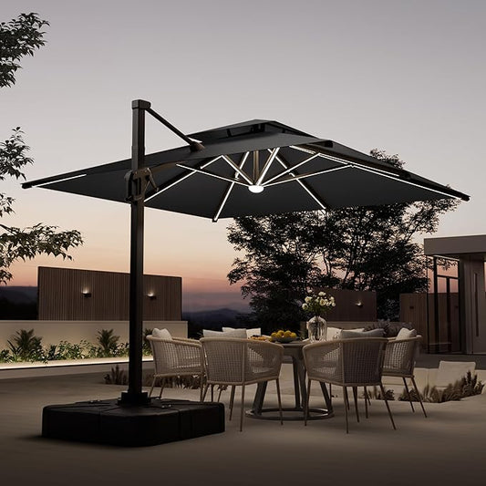 10x10 FT Cantilever Patio Umbrella with Led Lights Double Top Outdoor Square Heavy Duty Offset Umbrellas 360°Rotation Free-motion Track Tilt Windproof for Pool Deck Garden, Grey