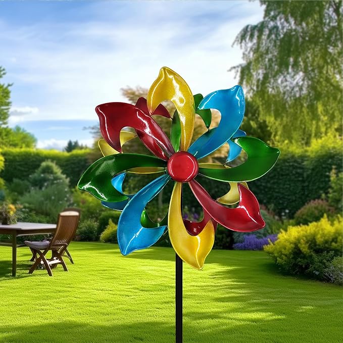Colorful Metal Wind Spinners for Outdoor - 13 Inch Smooth Spinning Garden Wind Sculptures, Wind-Catcher with Upgraded Stable Stakes for Yard & Patio Decoration