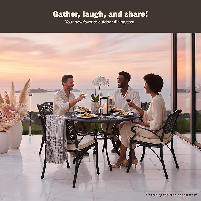 Kinger Home 5-Piece Cast Aluminum Outdoor Dining Furniture Set for 4, Round Patio Table and Chairs for 4 with Cushions, Outdoor Furniture Set with Umbrella Hole, All-Weather Patio Dining Set