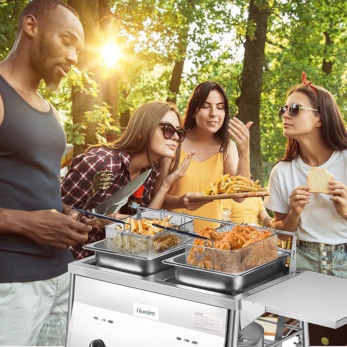 HOMIRA Stainless Steel Two-Tank Propane Deep Fryer with Thermometer, 2 Stainless Steel Baskets and Lids Fish Fryer with Adjustable Temperature Regulator, Outdoor Dual Fryer for Frying