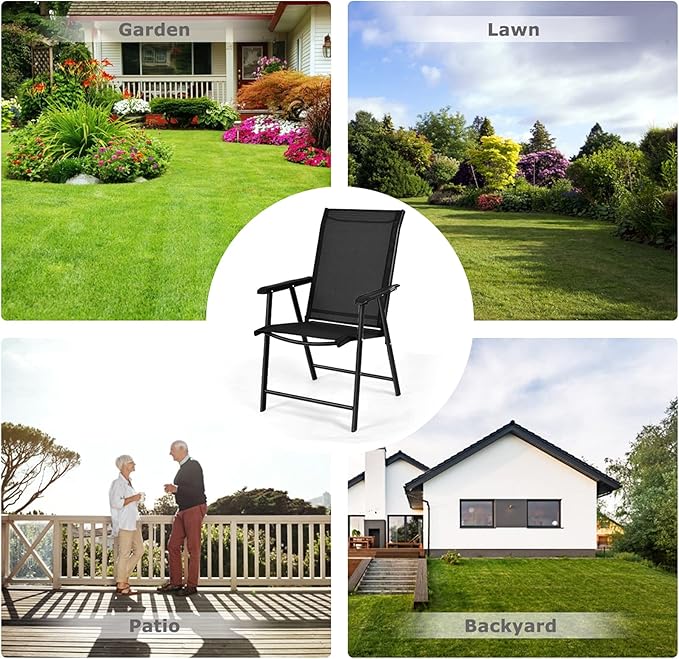 S AFSTAR Patio Chairs Set of 4, Outdoor Folding Dining Chairs with Armrests, Foldable Porch Chairs for Lawn Deck Backyard, Folding Chairs for Adults (Black)
