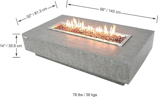 Elementi | Hampton Gas Fire Pit Cast Concrete 56" Rectangular Fire Table, Outdoor Fire Pit Electronic Ignition | Canvas Cover, Lava Rock Included | Light Gray (Propane Gas)
