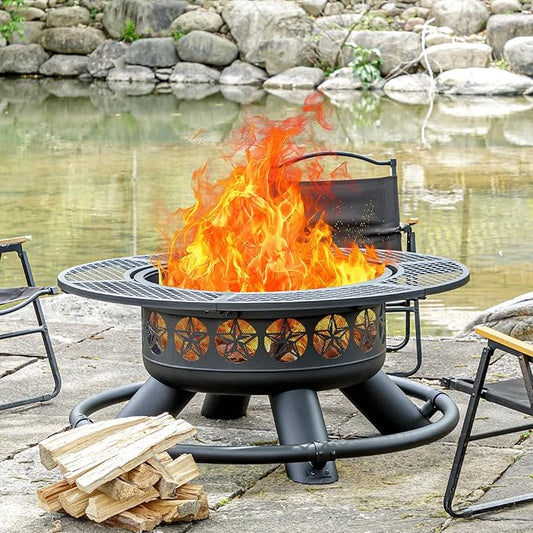 47 Inch Outdoor Fire Pit with 2 Grills, Extra Large BBQ Firepits for Outside, Metal Round Fire pits with Lid&Fire Poker,3 in 1 Wood Burning Outdoor Fireplaces for Backyard,Patio,Bonfire