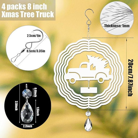 4Pack 8inch Sublimation Wind Spinner Blanks 3D Aluminum Metal Wind Sculpture Kinetic Spinners for Yard Garden Indoor Art Sublimation Christmas Ornament Hanging Decoration (Xmas Tree Truck)