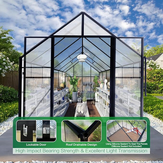 8x12 FT Greenhouse for Outdoors, Polycarbonate Green House with Adjustable Roof Vent and Rain Gutter, Aluminum Large Walk-in Greenhouse with Quick Setup Structure for Outside Garden Backyard Patio