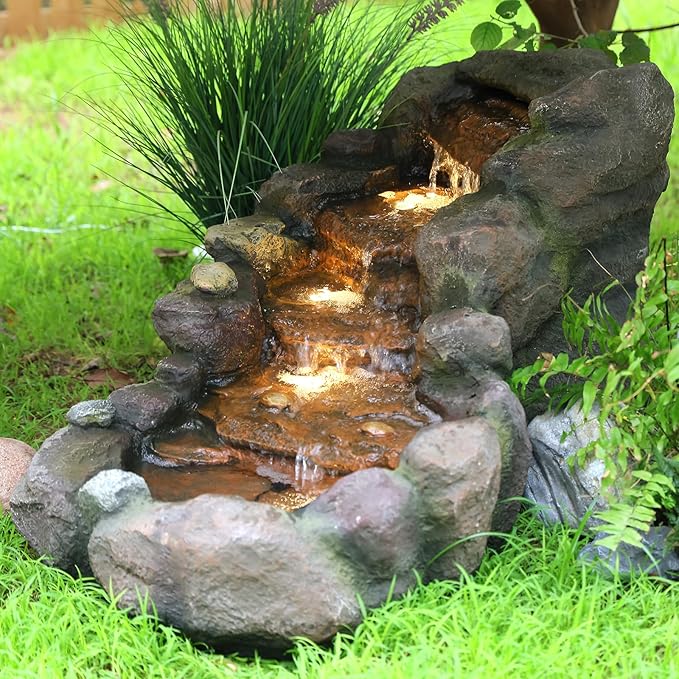 42.1" L Garden Water Fountain Outdoor, Floor Standing Mutiply Tiered Rock Outdoor Fountains with LED Lights and Pumps for Garden, Backyard, Porch, Patio and Home Art Decor
