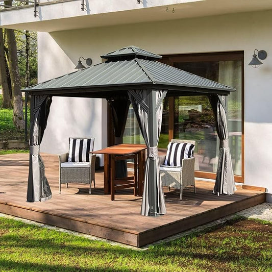 Domi 8’ X 8’ Hardtop Gazebo Canopy with Netting & Curtains, Outdoor Gazebo with Galvanized Steel Double Roof for Patio Lawn and Garden, Gray