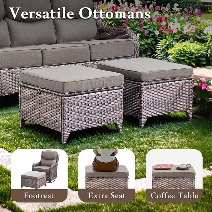 Luxury High Back Outdoor Furniture with 6-inch Extra Thick Cushions, Patio Furniture Set with Swivel Chairs, 8 PCS Wicker Conversation Set for Yard, Deck, Poolside, Brown/Grey