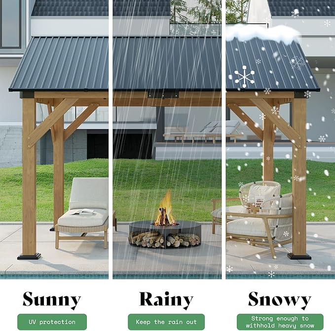 AMERLIFE 10x12 ft Spruce Wood Gazebo, Hardtop Pergola with Metal Steel Roof, Outdoor Gazebo with Guest House for Garden, Porch, Patio, Black + Natural Wood