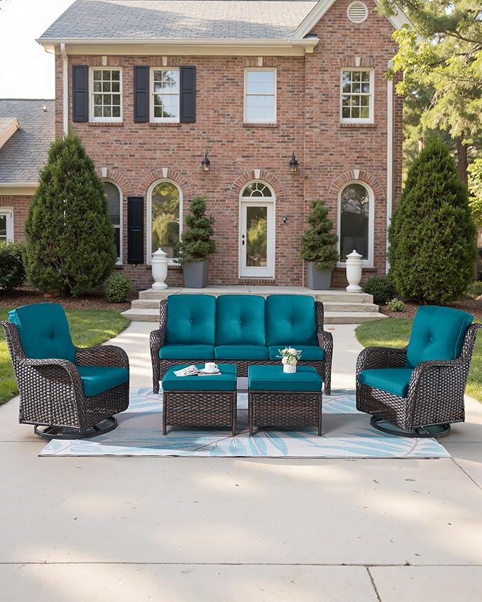 Pop 22x25/22x24 Outdoor Cushions for Patio Couch Chairs Set of 3 - High Back Comfy Outside Seat Cushions for Wicker Rocker Glider Loveseat 3-Seater Sectional Sofa - Peacock Blue/Button