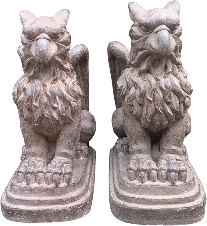 Zaer Ltd. Set of 2 Garden Griffin Statues, Magnesium-Cement Sculptures, 28.3" H Outdoor Entrance Decor (Antique Rust)