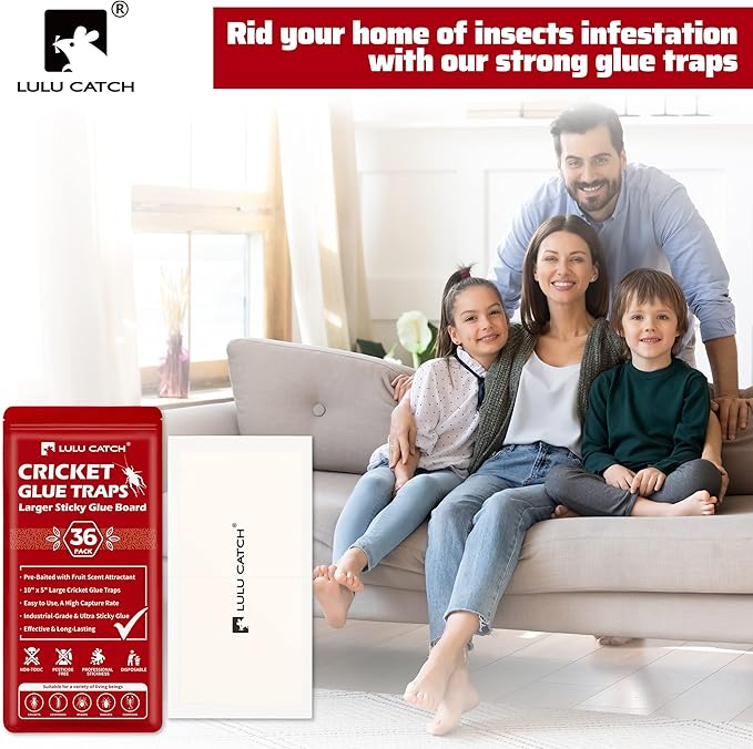 LULUCATCH Cricket Insect Glue Traps - 36 Pack Bug Sticky Traps, Large & Adhesive Spider Scorpion Trap with Pre-Baited Attractant, Highly Effective Glue Boards Indoor, Non-Toxic, Pet Safe Pest Control
