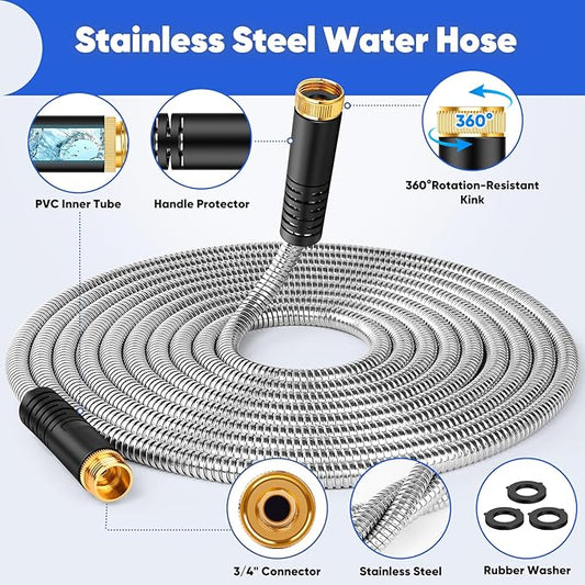 Garden Hose 100 ft, Stainless Steel Metal Water Hose with Adjustable 10-Mode Spray Nozzle, Lightweight Hose, No Kink, Leak-proof, Puncture Resistant for Yard, Outhood, RV