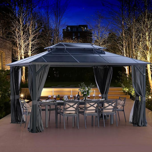 LeDoasis 10' X 13' Hardtop Gazebo, Outdoor Permanent Polycarbonate Double Roof Canopy with Breathable Netting & Privacy Curtain for Patio Backyard Garden Lawn Party