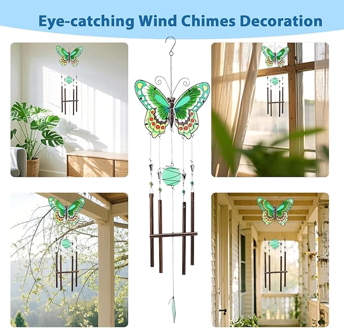 MUMTOP Butterfly Wind Chimes for Outside, Stained Glass Wind Chime Windchimes for Patio, Outdoor,Garden,Yard,Coastal,Window,Home Decor or Gifts for Women(Green)