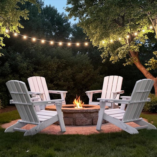 Folding Adirondack Chair Wood Texture 4 Pack, HDPE All-Weather Fire Pit Chairs, Plastic Adirondack Chairs with 2 Cup Holder, Outdoor Lawn Chair for Patio Garden (White)