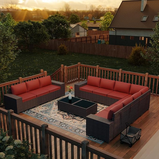 Outdoor Patio Furniture Set, 12 Pieces Outdoor Furniture All Weather Patio Sectional Sofas PE Wicker Modular Conversation Sets with Coffee Table,10 Chairs & Seat Clips Red.