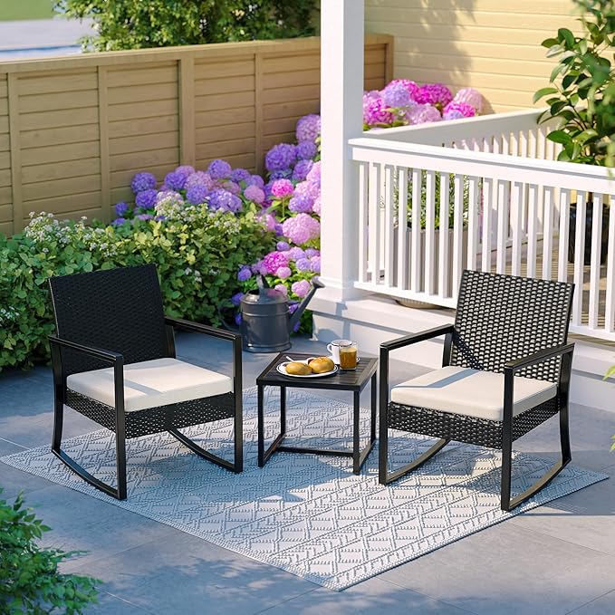 3 Pieces Outdoor Patio Set -Wicker Rattan Chair Conversation Set with Glass Table for Poolside Yard Rocking Chair Set for Bistro Garden Front Porch All Weather Patio Furniture Set