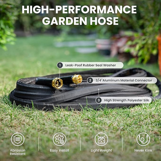 Giraffe Tools Garden Hose 75FT Lightweight Lay Flat Water Hose Kink Free Flexible Hose with 9 Spray Function Nozzle(Black)