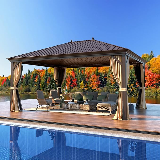 MELLCOM 12'x16' Hardtop Gazebo, Galvanized Steel Metal Double Roof Canopy with Curtains and Netting, Brown Permanent Pavilion Gazebos with Aluminum Frame for Garden, Patio, Lawns, Deck