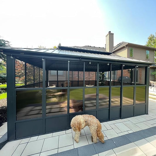 PURPLE LEAF 12' X 16' Solarium Sunroom Permanent Hardtop Screened Gazebo Galvanized Steel Double Roof Aluminum Outdoor Enclosed Gazebo for Hot Tub Lawn Deck Backyard Grey