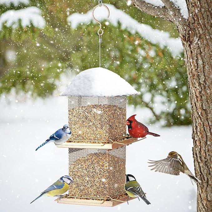 Large Bird Feeder, Double Tier Metal Bird Feeders for Outdoors, Square Tower Birdfeeder for Decorating Courtyard, Garden, Birds Watching, Gifts