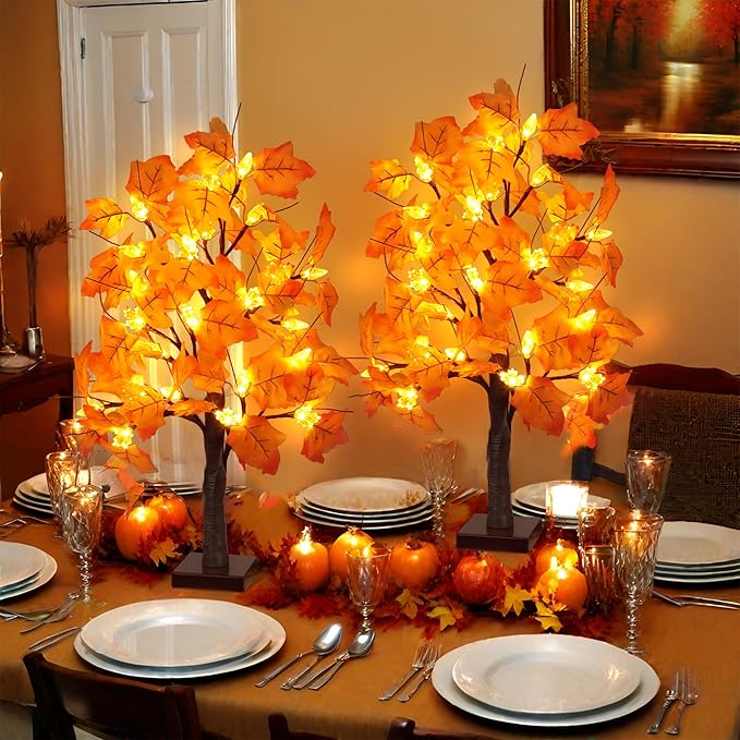 2 Pack 24 Inch Artificial Lighted Fall Maple Tree Thanksgiving Decorations with 48 LEDs Battery Operated Timer Prelit Acorn Maple Tree Lights for Thanksgiving Table Decor Home Indoor Autumn Harvest