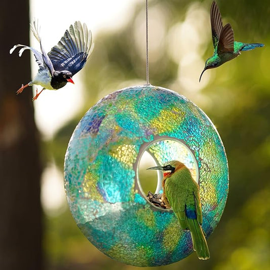 Mosaic Bird Feeder - Outdoor Fly Through Wild Hanging Bird Feeders with Mosaic Glass Design, 9 Inch, Blue