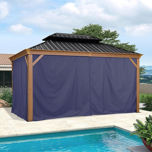 PURPLE LEAF 10' X 14' Outdoor Hardtop Gazebo for Patio Galvanized Steel Double Roof Permanent Canopy Teak Finish Coated Aluminum Frame Pavilion Gazebo with Netting and Navy Blue Curtains