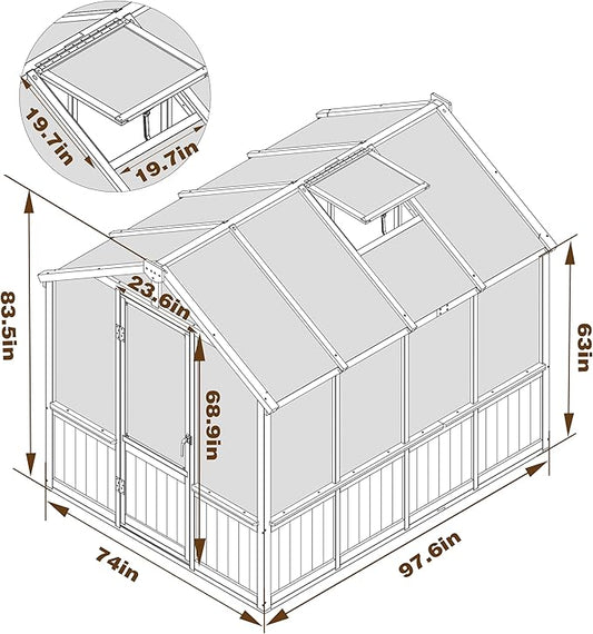 Mupater 6 x 8 FT Wooden Polycarbonate Greenhouse with Ventilated Window and Lockable Door, 6mm PC Panels for UV Protection, Walk-in Greenhouse Kit for Outdoor, Garden and Backyard, Brown