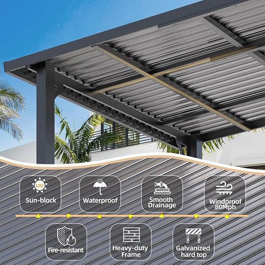 AECOJOY 14' x 10' Hardtop Gazebo Outdoor Pergola, 10x14 Large Heavy Duty Lean to Metal Pergolas and Gazebos on Clearance, Wall-Mounted Grill Gazebo Galvanized Steel Patio Roof Awnings for Patio