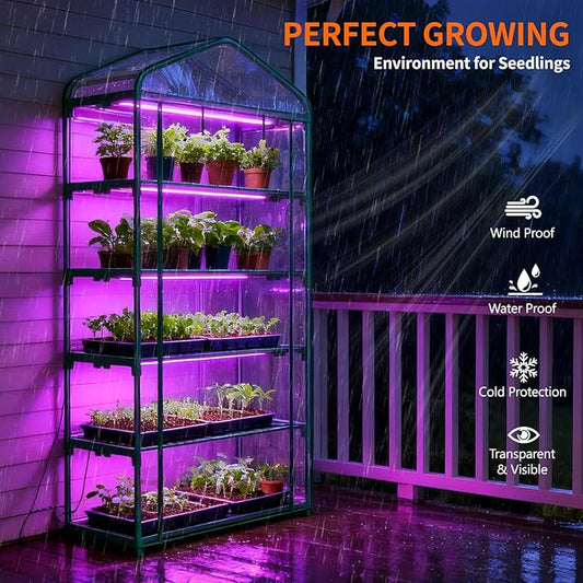 Indoor Greenhouse with Grow Light, 5-Tier Mini Greenhouse 35.4"x19"x74.8" Small Greenhouse with Zippered PVC Cover for Seed Starting Trays, Dimmable Plant Light for Indoor Plants with Timer