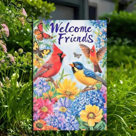 Spring Garden Flag Double Sided Garden Flag Birds Butterflies and Flowers Yard Flags Welcome Friends Design 12x18 Inch Polyester Yard Decoration for Outdoor Lawn and Patio