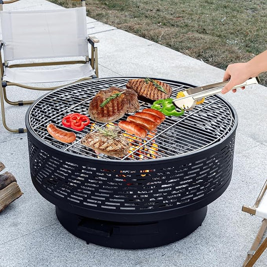 32" Wood Burning Fire Pits with Grill & Lid, Fire Pit Table for Outside with Waterproof Cover & Fire Poker, Outdoor Firepit with Functions for BBQ,Table and Bonfire