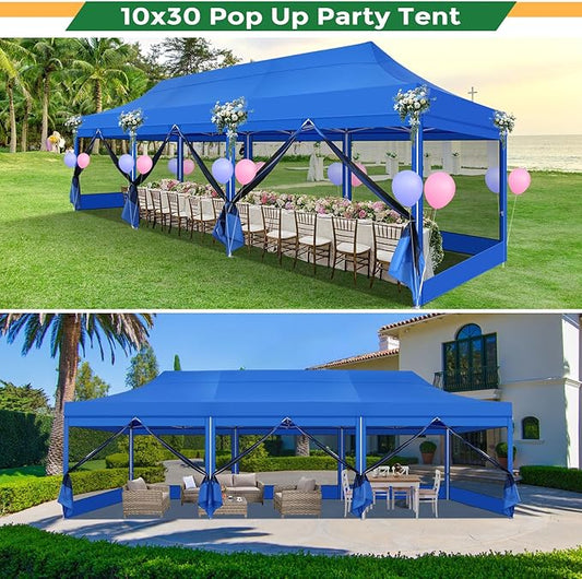 COBIZI 10x30 Heavy Duty Pop Up Canopy with 8 Mosquito Netting Wall, Easy Set Up Commercial Gazebo Party Tent, Outdoor Instant Screen Canopy for Backyard, Patio, Garden, Dark Blue