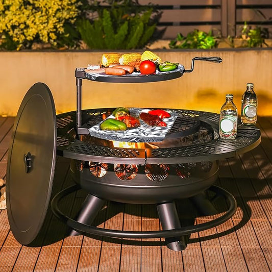 36 Inch Fire Pit with 2 Cooking Grills,Outdoor Wood Burning BBQ Firepit with Lid, 3-in-1 Outdoor Fire Pit for Backyard Deck Bonfire Patio Picnic(Black)