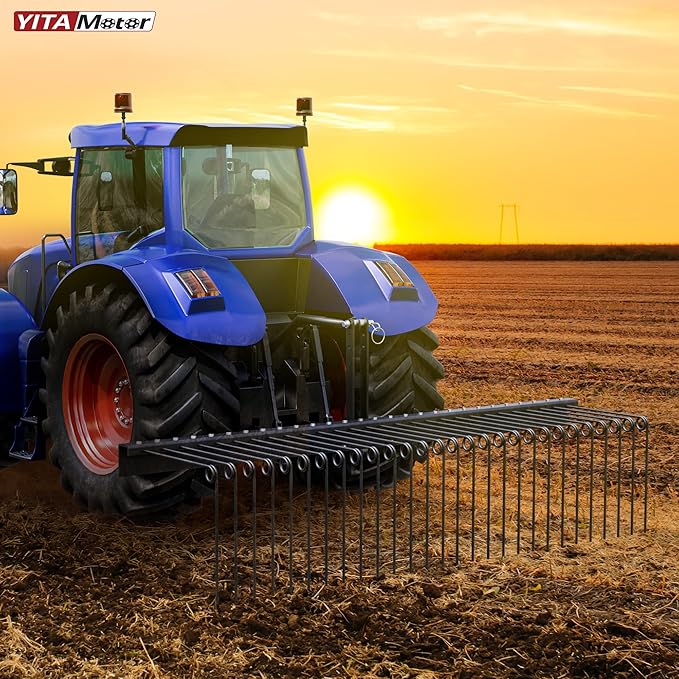 YITAMOTOR 72 Inch Durable Powder Coated Steel Pine Straw Rake Steel Spring Landscape Rake Attaches to Cat 0 Cat 1,3 Point Hitch for Tractor, Black Grey