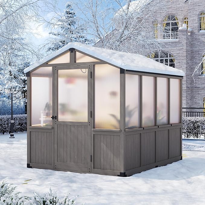 Aoxun 6x8 FT Wood Green House for Outdoors, Polycarbonate Panel Wooden Walk-in Greenhouse Kit with Automatic Temperature Control Roof Vent and Lockable Door, for Outside Backyard Garden, Gray