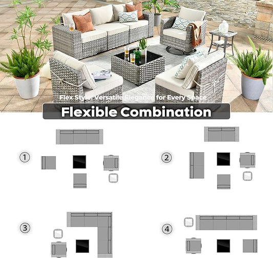 ovios 8 Pieces Patio Furniture Set, Outdoor Wicker Sectional Sofa with Swivel Chair Coffee Table, Modern Modular Deep Seat Rattan Couch Conversation Sets, Beige