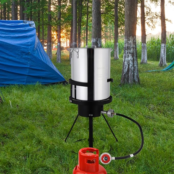 30 Qt Outdoor Round Turkey Deep Fryer Pot,Gas Propane Turkeys Fryer Set,Aluminum Seafood Boil Pot,Turkey Deep Fryers Set,with Propane Gas Burner and Basket,for Crab Lobster Shrimp Boiling (Silver)