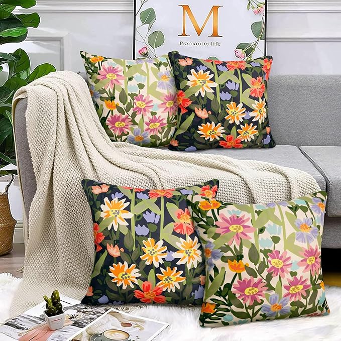 Pyonic Outdoor Pillows Waterproof Cover Pack of 2 Floral Waterproof Throw Pillows 18x18 inch for Patio Furniture Garden Furniture