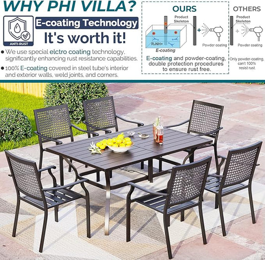 PHI VILLA Patio Dining Table Set for 6 Person Bistro Chairs Contemporary Dining Table Outdoor Dining Set of 7 Pieces Conversation Set Patio Furniture for Outdoor Garden,Yard