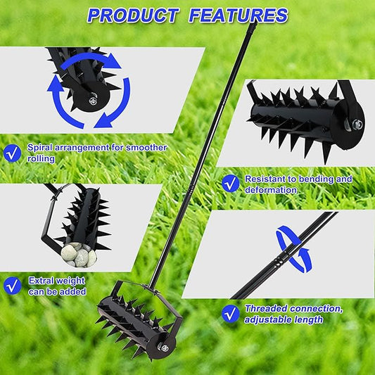 Rolling Manual Lawn Aerator, 58-Inch Handle Manual Push Spike Aerator for Gardens, Yards, and Farmland, Deep Soil Penetration for Healthy Grass and Improved Lawn Growth Manual Aerator Tool Black